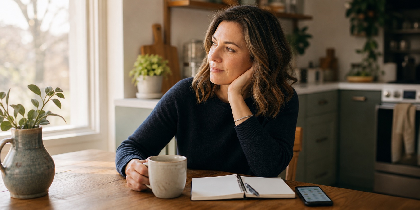 Woman wondering am I in perimenopause while reviewing a blank notebook and phone calendar