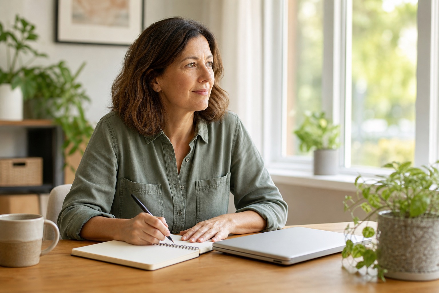 Woman writing symptom notes at a quiet home desk before a healthcare appointment