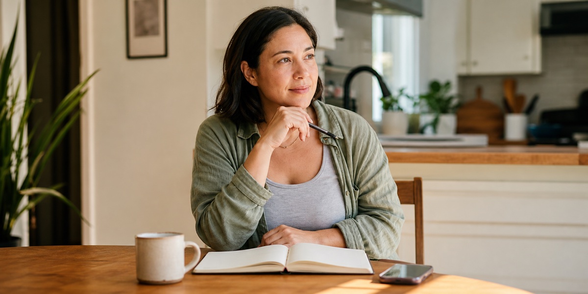 Woman reviewing a notebook and phone calendar while noticing early signs of perimenopause