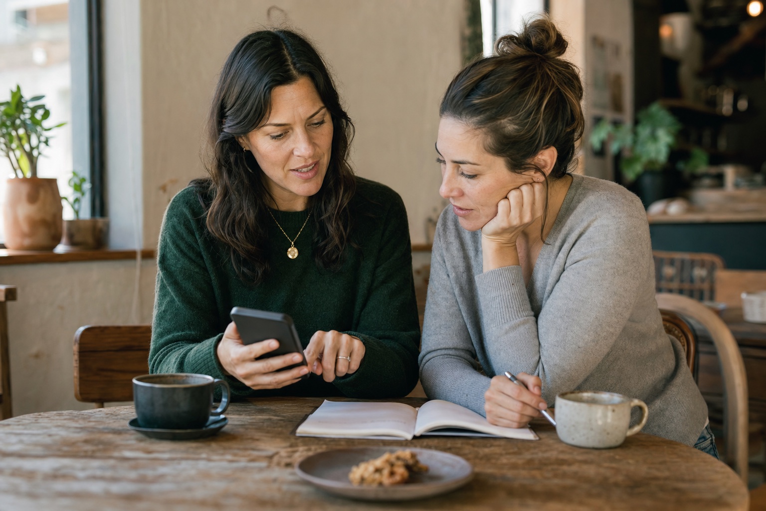 Two women comparing a phone calendar and notebook over coffee