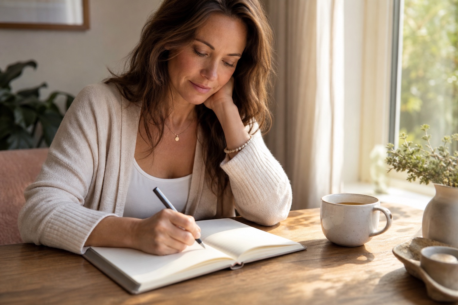 Woman writing sleep and symptom notes beside a morning cup of tea