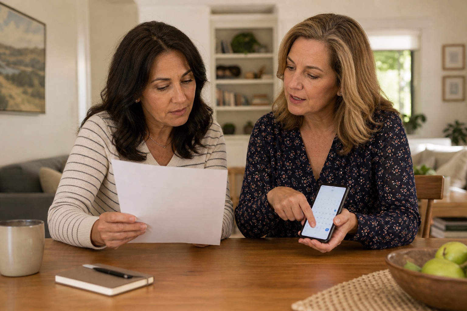 Two women reviewing a one-page symptom summary before a healthcare appointment