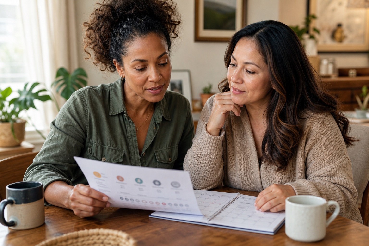 Two women reviewing symptom notes and a calendar before a healthcare appointment