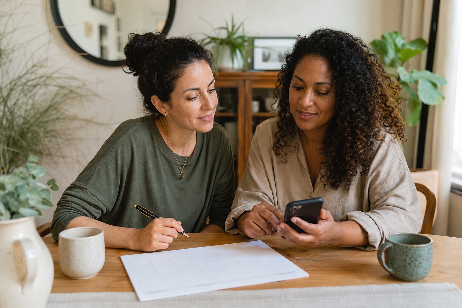Two women reviewing a blank symptom tracker and phone calendar while discussing perimenopause symptoms at 35
