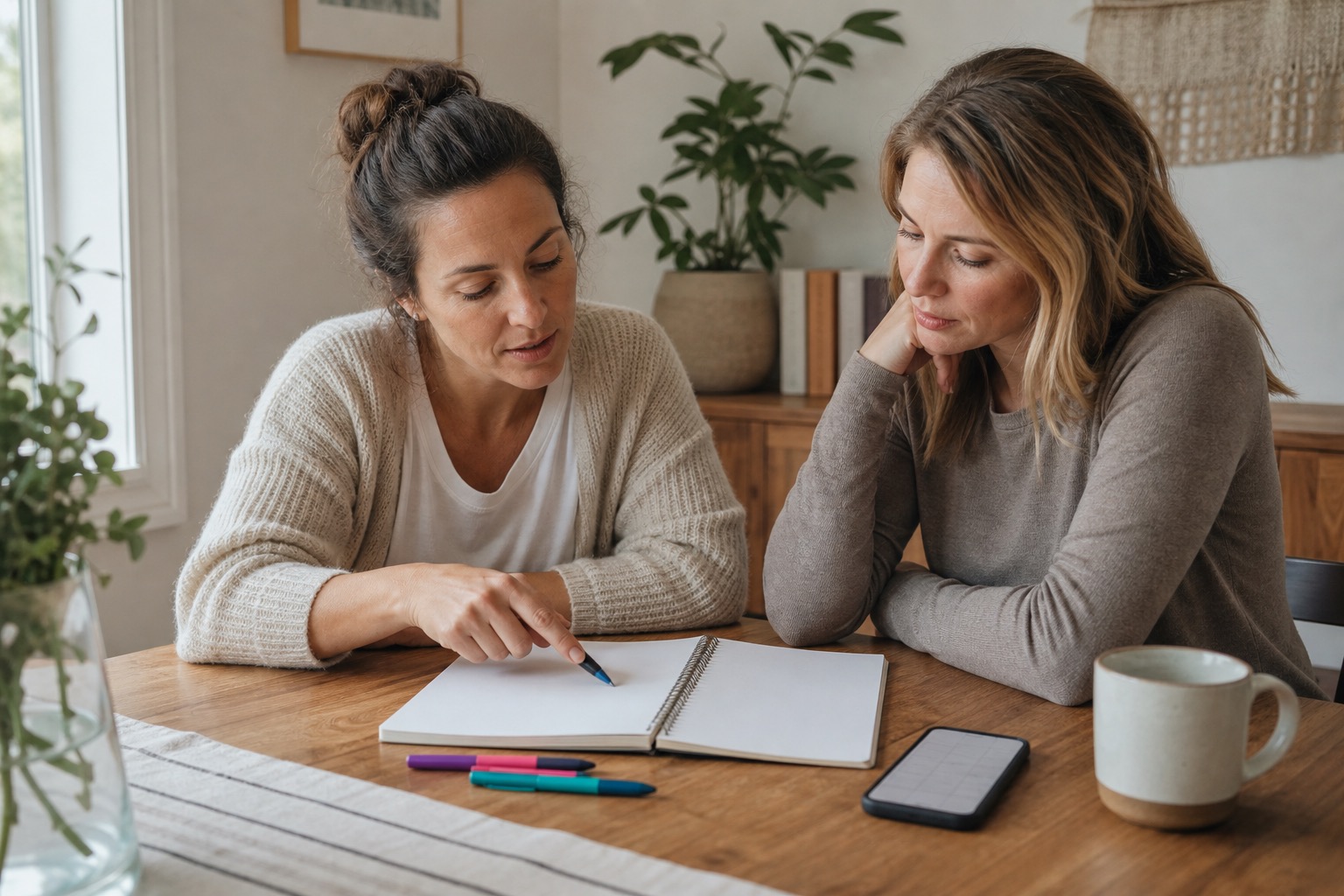 Two women reviewing a blank symptom tracker and phone calendar while discussing perimenopause symptoms at 37