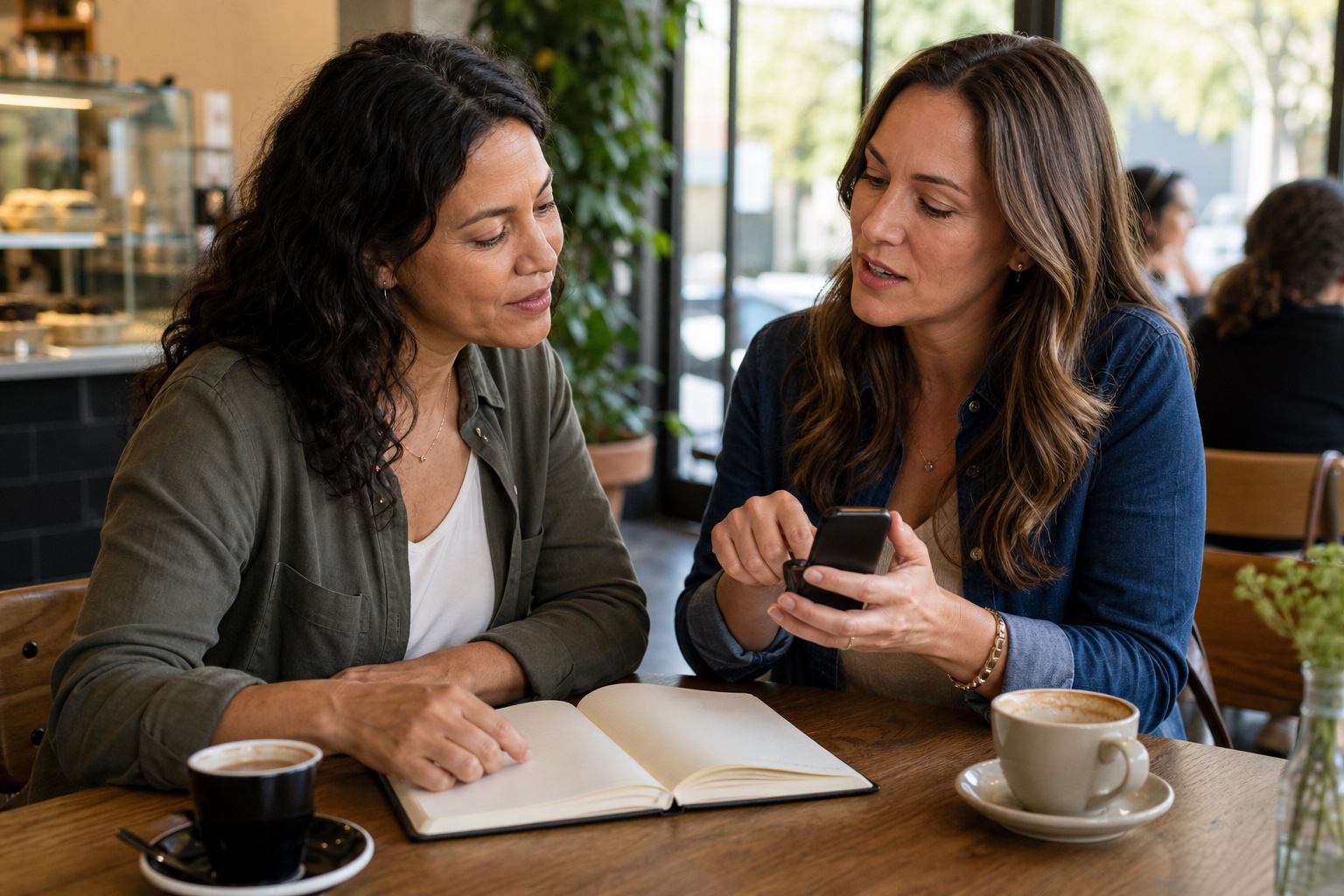 Two women reviewing a blank symptom notebook and phone calendar while discussing perimenopause symptoms at 42