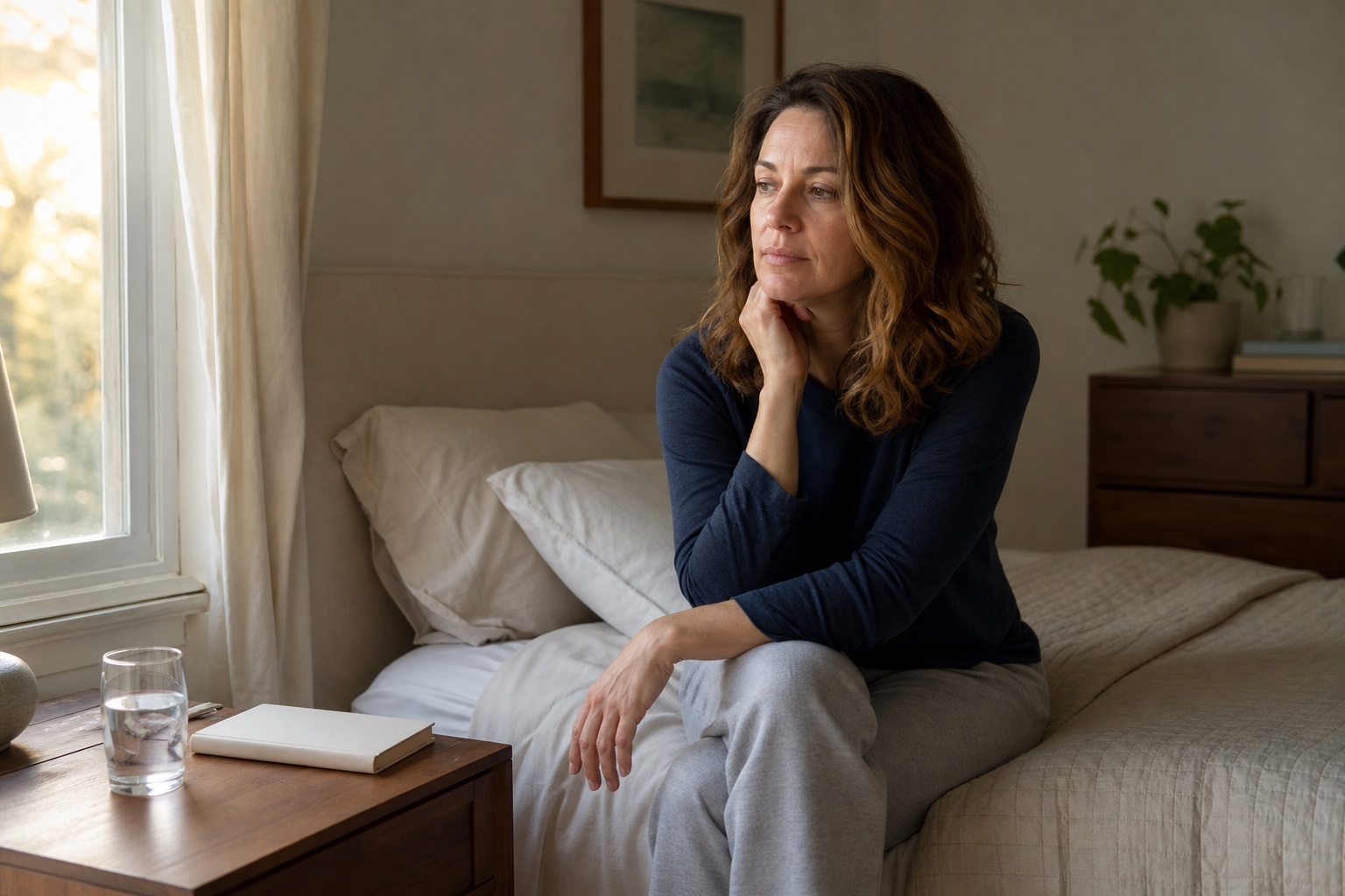Woman sitting near a bedroom window after disrupted sleep with a blank journal and water glass nearby