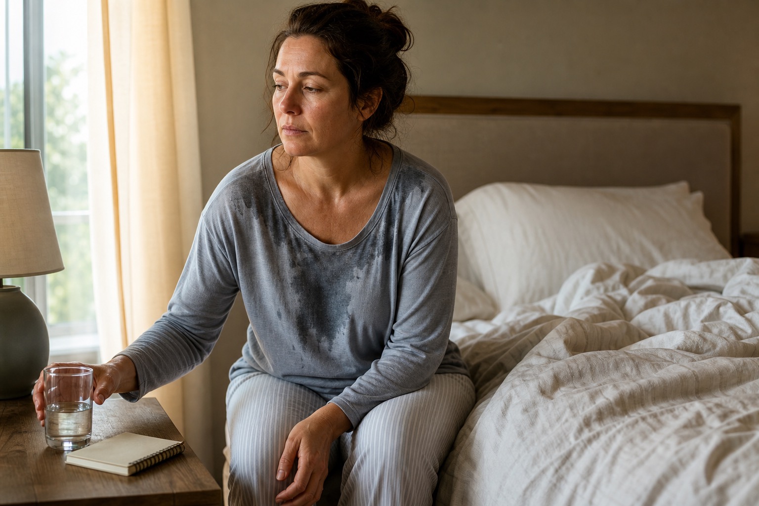 Woman awake beside her bed after a perimenopause night sweat