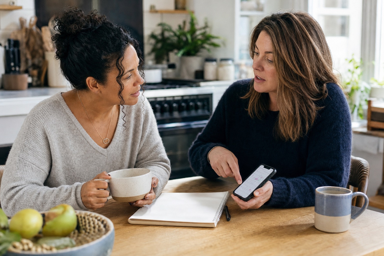 Two women reviewing symptom notes together before a healthcare appointment