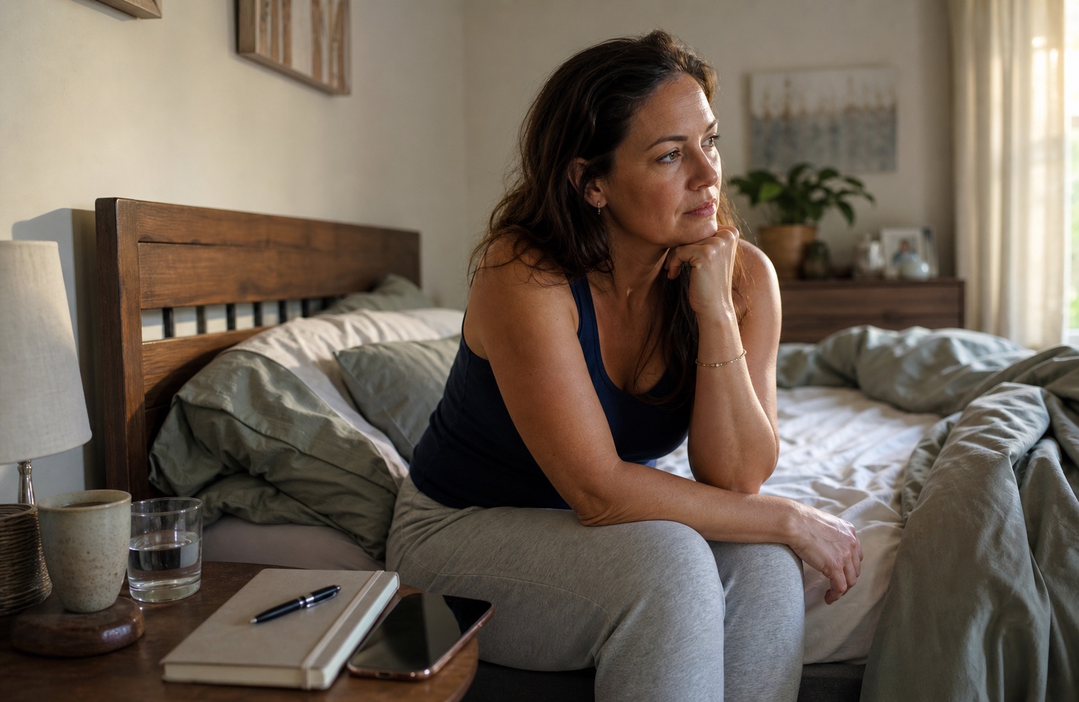 Woman sitting on the edge of her bed with a notebook nearby after disrupted sleep