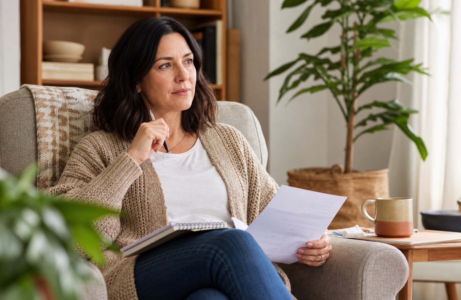 Woman preparing notes for a healthcare appointment in a calm living room